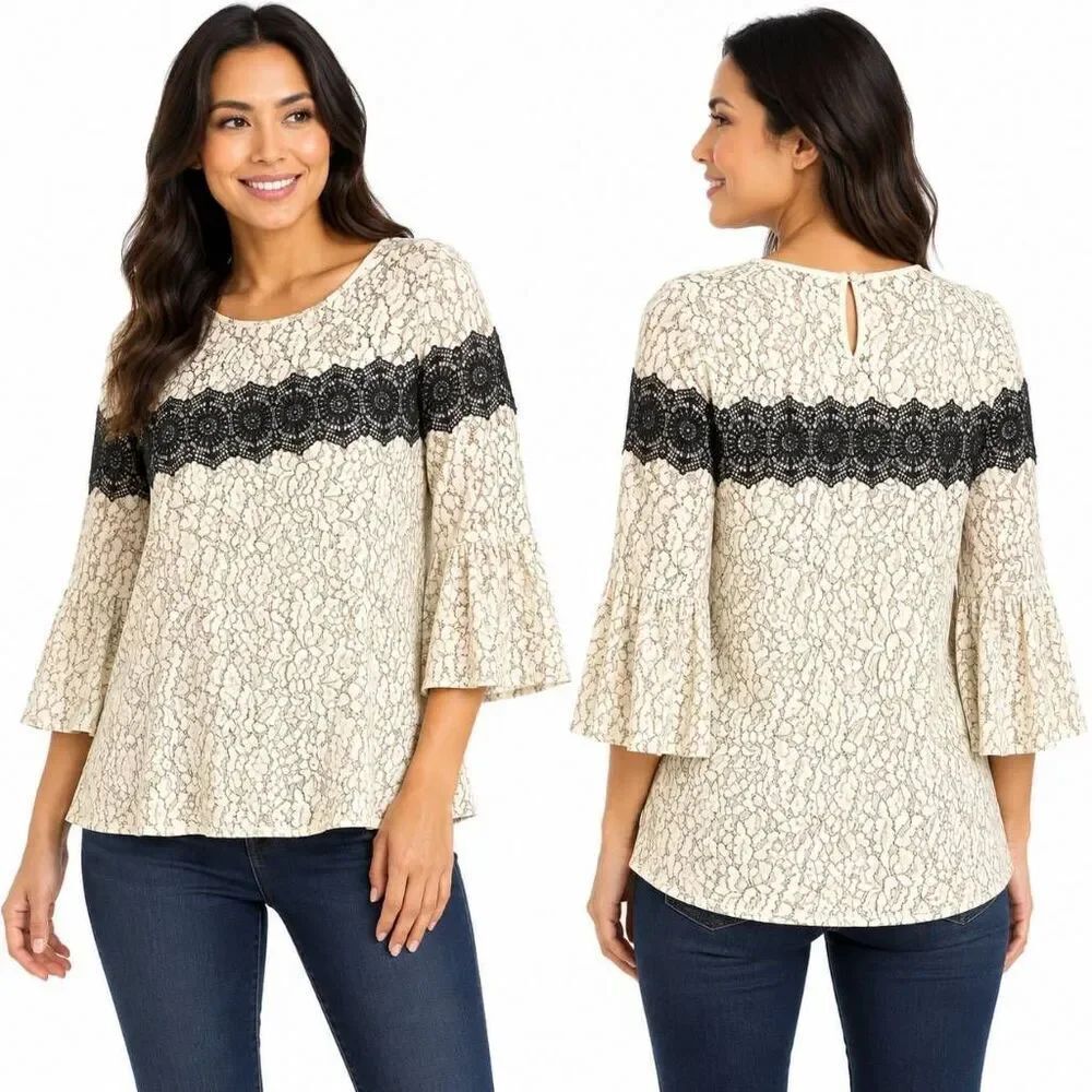 LOFT Ivory Lace Bell Sleeve Blouse Women’s L